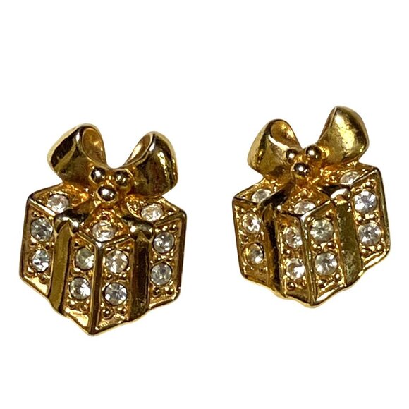 Avon Vintage Gold Tone Rhinestone Gift Box Shape Earrings - Picture 1 of 9